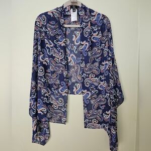 G By Giuliana Cold Shoulder Vest OR Shawl Kimono Wrap, Blue Paisley, Medium NWOT